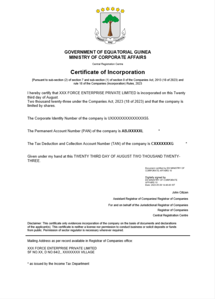 Equatorial Guinea certificate of registration Word and PDF template